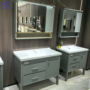Meuble de salle de bain gris avec miroir intelligent, lavabo blanc, armoire murale - Product Image 3