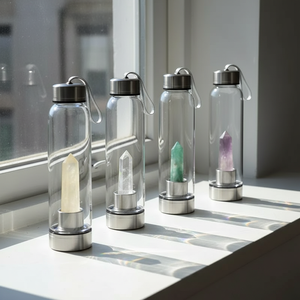 Bouteille d'eau en verre de cristal en gros, bouteille d'eau en <span class=keywords><strong>acier</strong></span> inoxydable infusée de cristal pour la guérison, baguette obélisque, tasse énergétique - Product Image 1