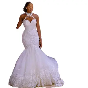 Mermaid düğün elbisesi es afrika artı boyutu düğün elbisesi es yeni seksi dantel kolsuz v yaka backless uzun tren düğün elbisesi
