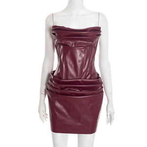 Viviblook D25DS451 Nouvelle Robe de Soirée Courte Sexy d'Automne en Similicuir Plissée avec Baleines, Couleur Unie et Sans Bretelles pour Femme - Product Image 1