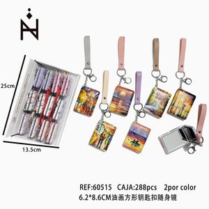 Portachiavi quadrato con specchio e pittura a olio 6,2x8,6 cm con cinturino in pelle per donna, accessorio moda - Product Image 3