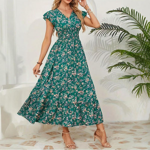 Robe longue d'été pour femme à imprimé floral, col <span class=keywords><strong>en</strong></span> V, manches courtes à volants, taille haute, coupe trapèze fluide, décontractée, pour la plage et les vacances - Product Image 1