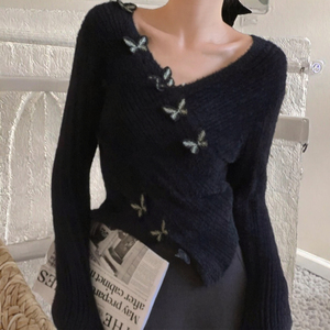 เสื้อสเวตเตอร์ถักคอวีคุณภาพสูงสำหรับงานปักลายผีเสื้อมีขนสำหรับฤดูใบไม้ผลิฤดูใบไม้ร่วง - Product Image 2