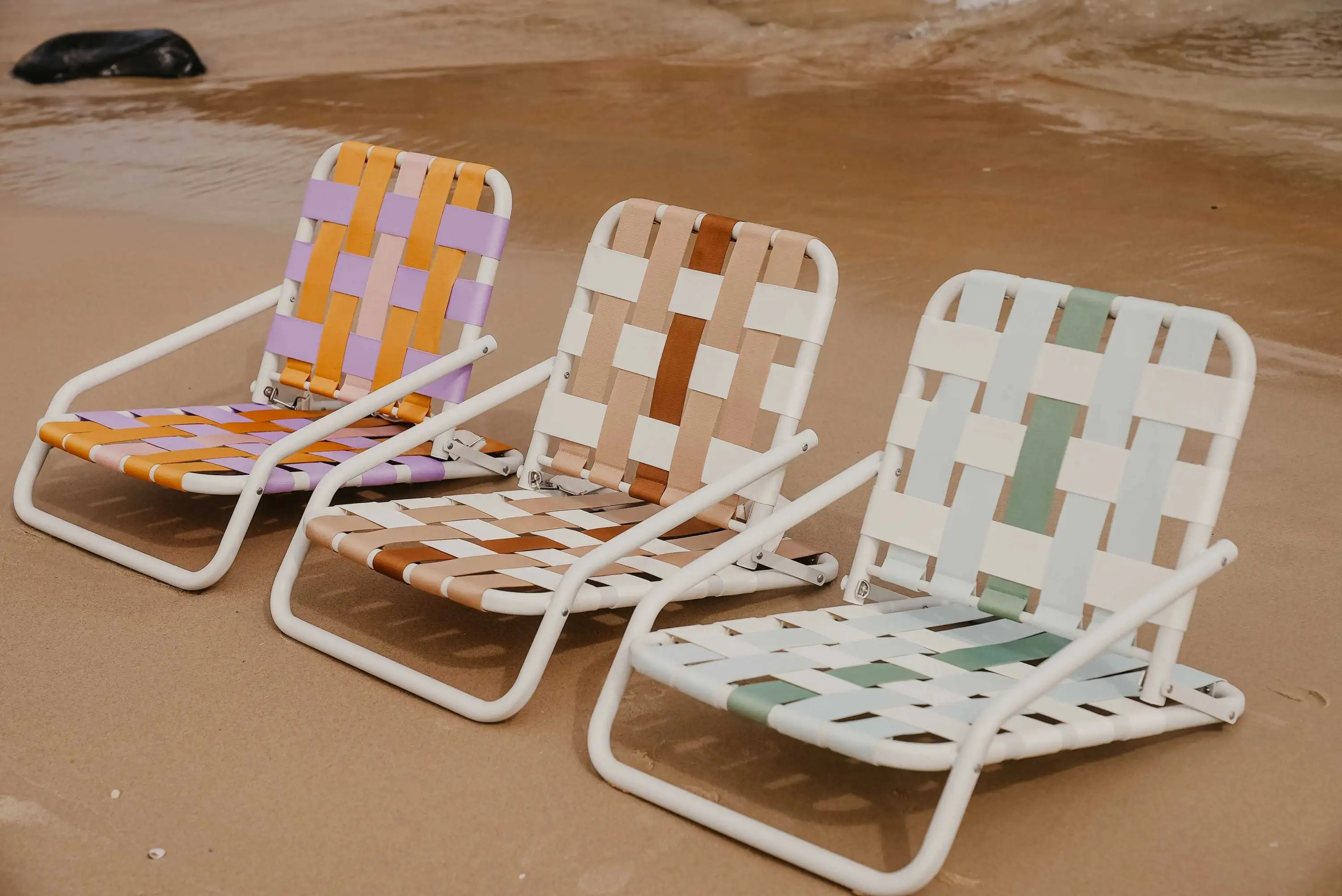 DIY nylon webbing outdoor customize aluminum metal frame webbed beach lawn chairs folding web patio chair