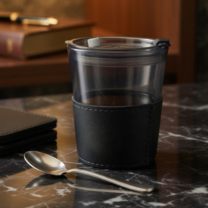 Bicchiere da <span class=keywords><strong>Caffè</strong></span> in Vetro Fumé con Custodia in Pelle, Coperchio Antispargimento, Tazza da Viaggio Riutilizzabile - Product Image 2