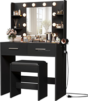 Bureau de courtoisie noir avec miroir et lumières et tabouret à 2 tiroirs Table de maquillage Ensemble de coiffeuse Table de maquillage