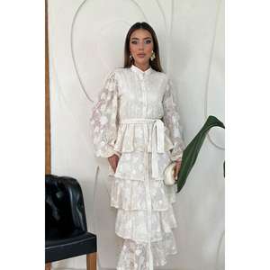 Elegante Vestido Beige en Capas con Corte en A, Cintura Natural, Tela Translúcida Tejida, para Uso Diario Informal - Product Image 3