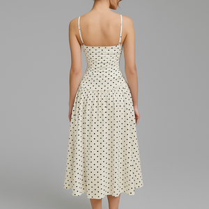 Vestido <span class=keywords><strong>MIDI</strong></span> de mujer plisado informal fruncido elegante acampanado con lunares personalizados de alta calidad al por mayor - Product Image 2