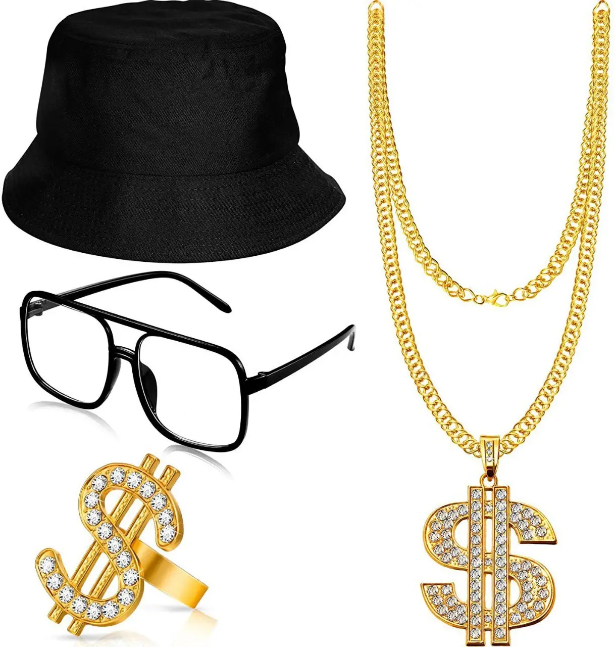 Hip Hop kostüm kiti kova şapka güneş gözlüğü altın zincir yüzük 80s/90s rapçi aksesuarları