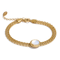 JINYOU 1258 Nouveau Bracelet Chaîne Épi de Blé Triple Rangée en Acier Inoxydable Plaqué Or 18K avec Incrustation de Coquillages Bijoux
