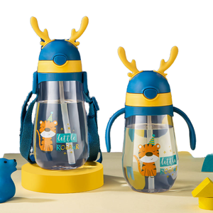 Plastic Children Straw Water Cup Christmas Elk Eco-Friendly 500-600ml Boiling Water Applicable Sports Outdoor Strap Water Bottle - Product Image 1