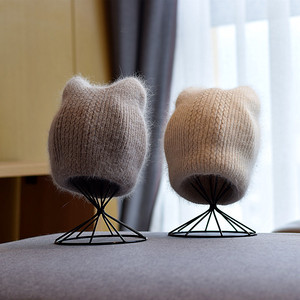 Nouveau <span class=keywords><strong>bonnet</strong></span> en laine pour <span class=keywords><strong>femme</strong></span>, avec oreilles de chat mignonnes, <span class=keywords><strong>pompon</strong></span> épais et chaud, idéal pour l'automne et l'hiver - Product Image 3
