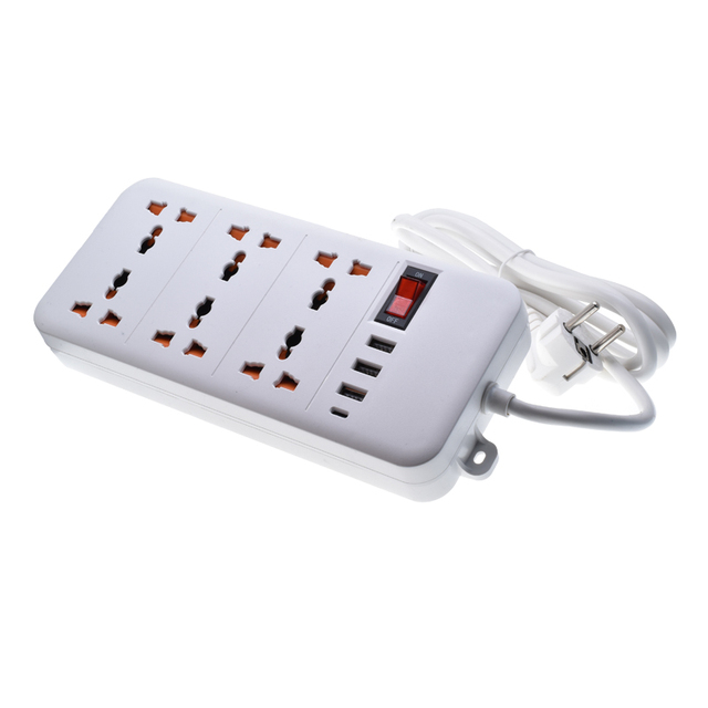 6 Way EU/UK Brass Hospital Use 10A Extension Socket with USB Type-C 3 USB a Ports 6 Outlets Rocker Switch