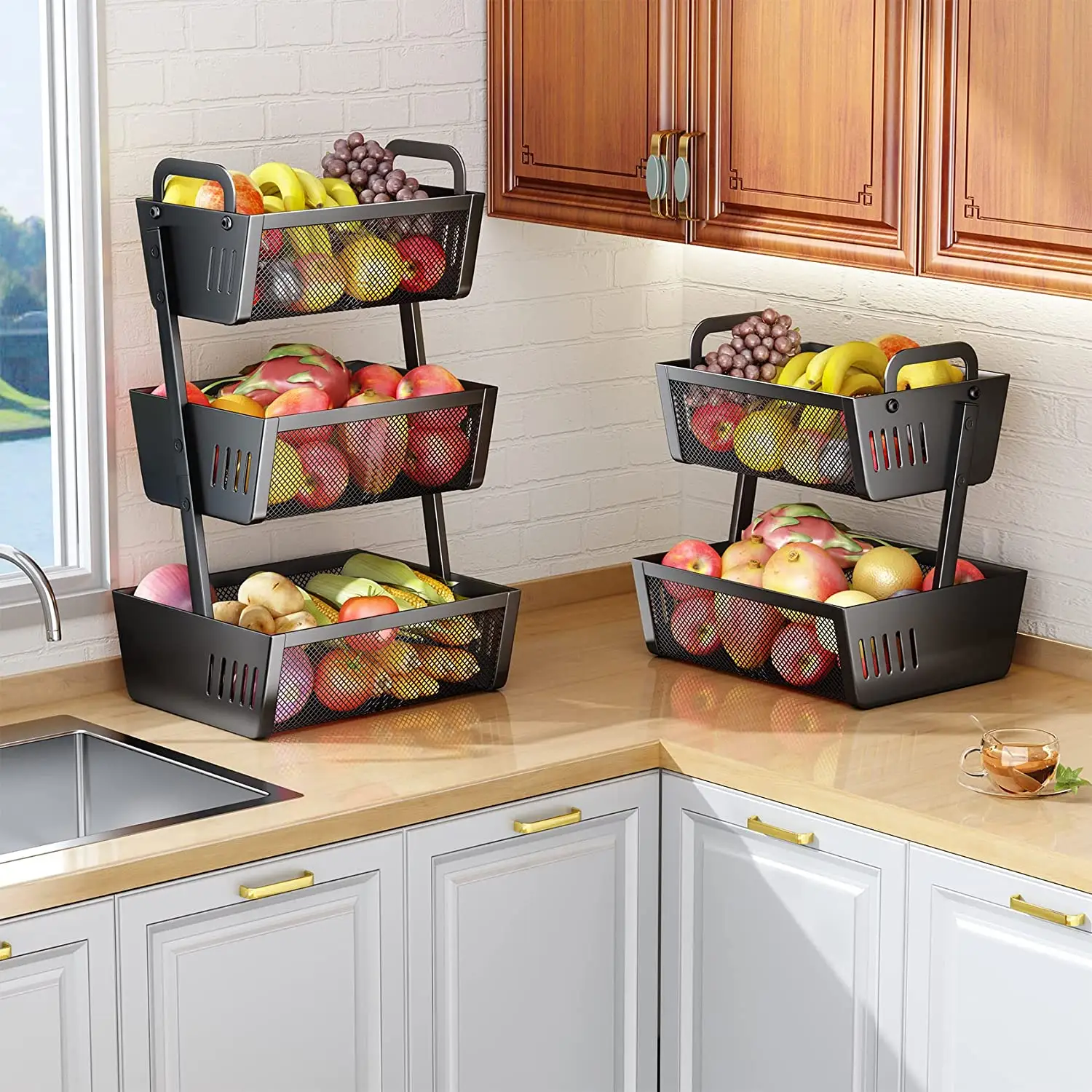 Fruit Bowl Display Stand with Handle for Kitchen Countertop Storage Vegetables Bread Snacks Banana Holder Fruit Basket, Metal