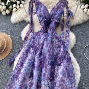 Vestido estampado de lujo, vestido estampado en la cintura con lazo, vestido acampanado de malla de gasa con detalles de diseño y dobladillo acampanado - Product Image 6