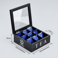Coffret à thé professionnel Landy à 9 compartiments en bois, noir brillant avec fenêtre gravée, boîte de rangement pour hôtel, restaurant, usine