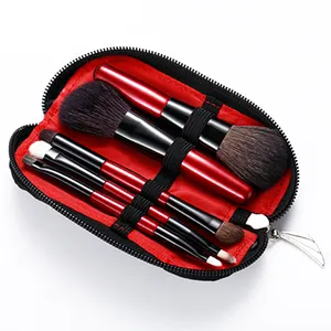 5 Buah Fluffy Grosir Dua Sisi Kecantikan Perjalanan Rambut Kambing Mini Bubuk Kustom Makeup Sikat Set dengan Tas