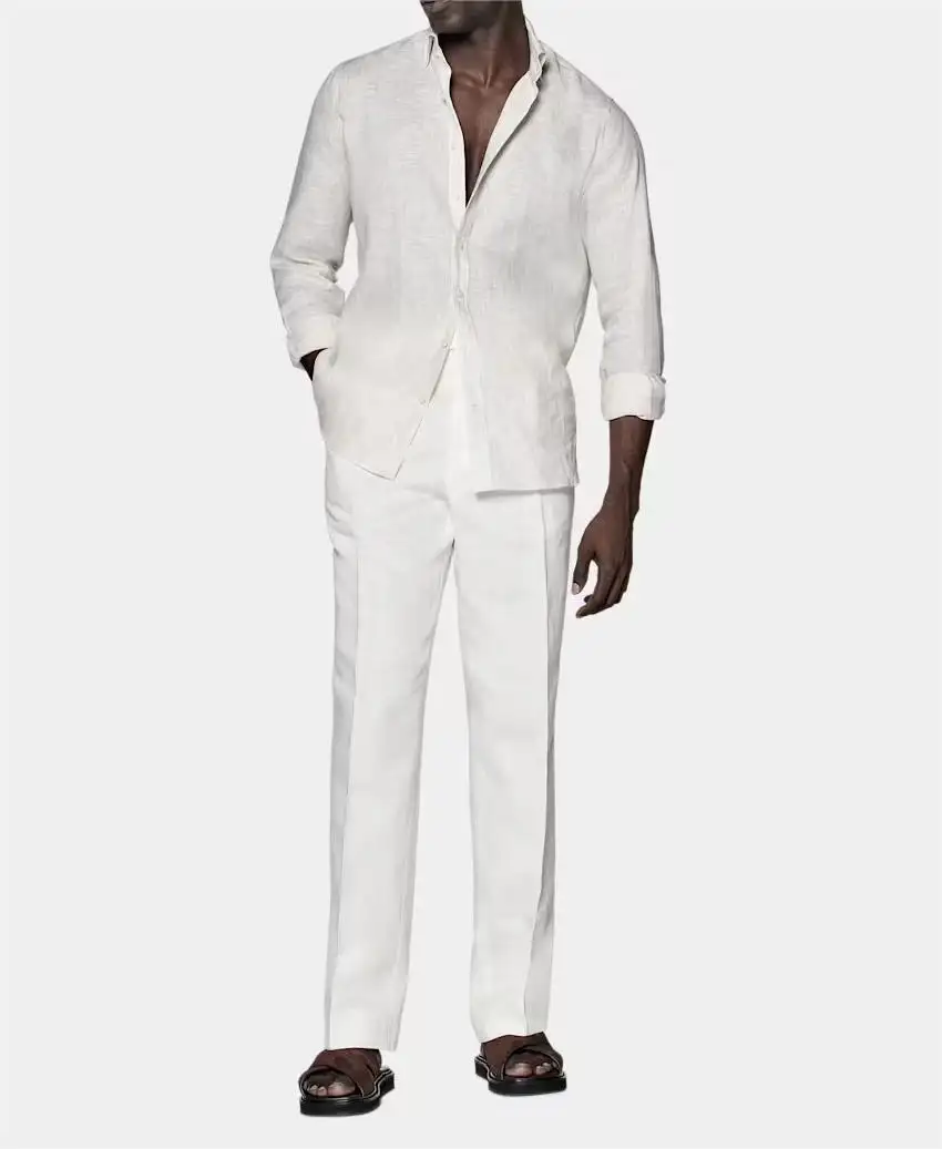 高品質ヨーロピアンフラックスホワイト100% リネンプラスサイズカジュアルメンズシャツメンズフォーマルコットンリネン生地長袖シャツ
