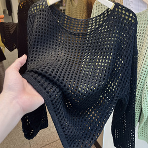 Nouveau haut décontracté pour <span class=keywords><strong>femme</strong></span>, style européen, en maille fine, protection solaire, manches longues, tricoté ajouré, pour l'été - Product Image 2
