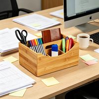 Organisateur de bureau personnalisable en bambou multi-compartiments avec poignée pour stylos et fournitures de bureau