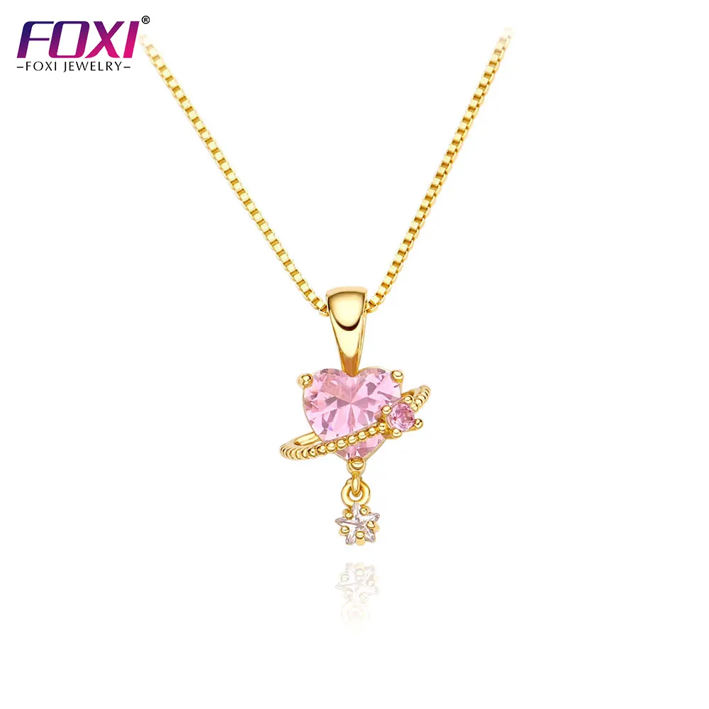 Foxi ювелирные изделия Модные ювелирные изделия Ожерелья Любовь Цирконий Кулон 18K позолоченные милые девушки розовое сердце ожерелье для женщин