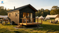 Maison mobile sur roues, structure en acier, maison préfabriquée sur remorque, design moderne pour villa, glamping, camping, complexe hôtelier