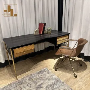 Lusso vintage home weave rattan tavolo da ufficio mobili camera da letto studio tavolo in legno con gambe in metallo forgiato con cassetto