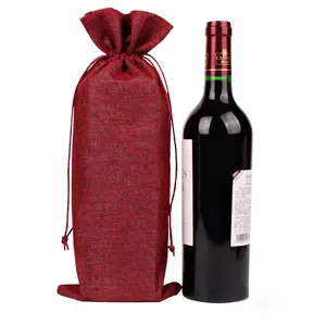 कस्टम लोगो प्रिंटिंग पार्टी शादी के पक्ष उपहार राउंड बोतल जूट ड्रॉस्ट्रिंग वाइन बैग