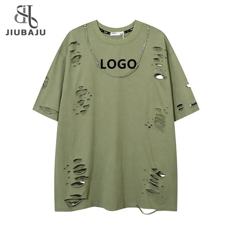 220g Custom Logo Ripped Hole Men Women T Shirts Oversized Short Sleeve Chain 100 Cotton High Street Hip Hop Loose Tshirts m