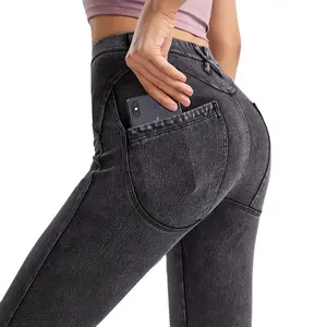 Aoyema Ladies High Waist Breathable Yoga Pants Women's Fitness Yoga Sports Leggings Push Up Shaping Jeans