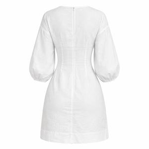 Abito Mini in Puro Lino Bianco Personalizzato per <span class=keywords><strong>Donna</strong></span> con Scollo a V e Maniche a Sbuffo Fornitore di Alta Qualità per <span class=keywords><strong>Abbigliamento</strong></span> Femminile - Product Image 5