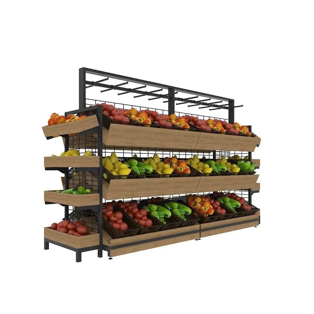 Présentoir en bois pour fruits et légumes, avec caisse en plastique, 1 pièce, pour les courses en supermarché