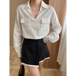 <span class=keywords><strong>Camicia</strong></span> casual semplice ed elegante con doppia tasca, scollo a V, <span class=keywords><strong>misto</strong></span> <span class=keywords><strong>lino</strong></span> e cotone - Product Image 1