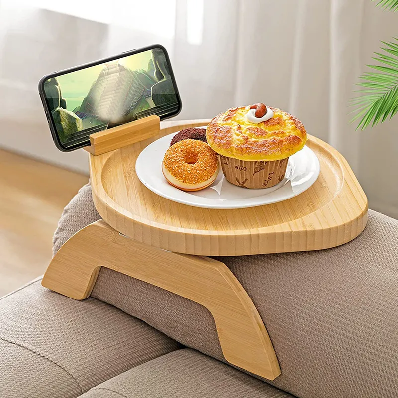 Bambus Holz Armlehne Clip auf Tablett Tisch natürliche Couch Arm Tablett Klapp Bambus Runde Sofa Arm Tablett