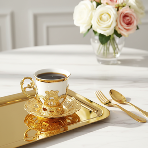 Set di Tazze da Caffè Turco <span class=keywords><strong>in</strong></span> Porcellana Placcata Oro con Piattini, Confezione Regalo Personalizzata - Product Image 4