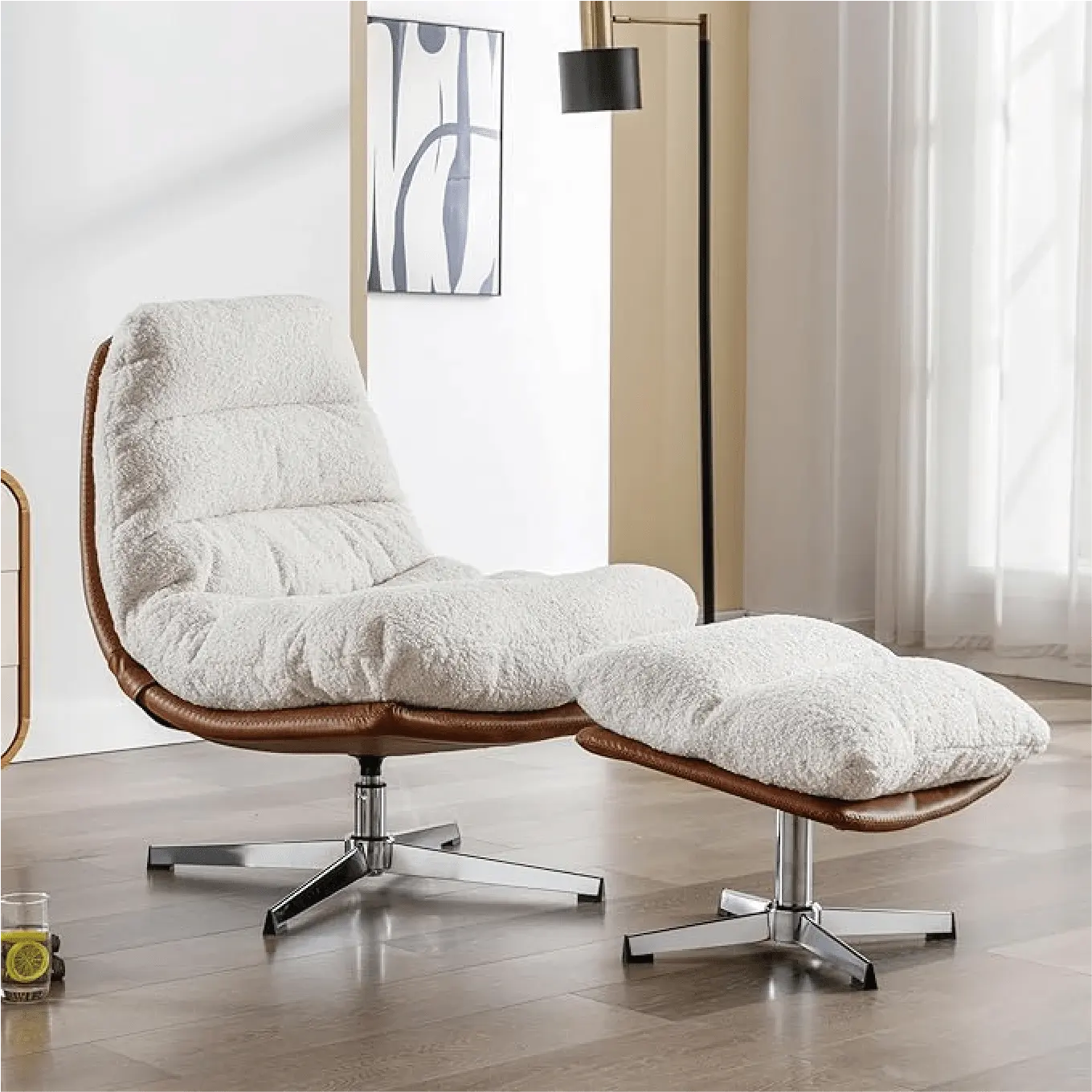 Nordic Modern White Velvet Leisure Accent Swivel Reading Lounge Chair With Ottoman