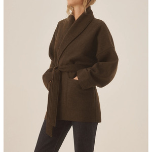 Women <b>Brown</b> Shawl Collar Wool Blend Coat Casual Self <b>Tie</b> Belt Waist Mid Length Ladies Winter Woolen Outerwear - Product Image 2