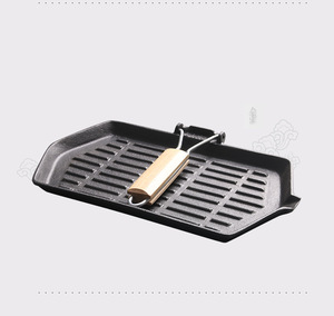 Poêle à griller <span class=keywords><strong>rectangulaire</strong></span> en fonte noire, poignée en bois pliable, pré-culottée, compatible gaz et <span class=keywords><strong>induction</strong></span>, UE - Product Image 3