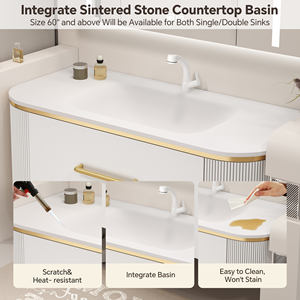 Meubles-lavabos de salle de bain luxueux avec miroir intelligent et grand tiroir, meuble-lavabo suspendu avec bande métallique dorée - Product Image 4