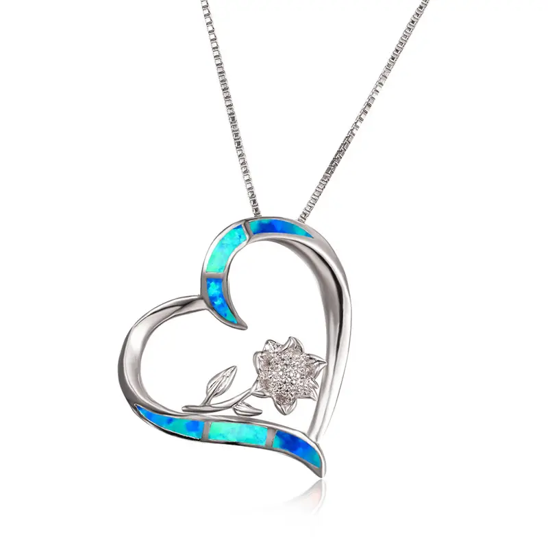 Creative Heart Flower Pendant White Blue Opal Necklaces For Women Wedding Jewelry Vintage Fashion Gold/Silver/Rose Gold Necklace