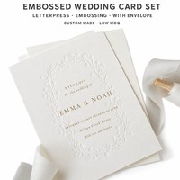 Ensemble de cartes de mariage gaufrées avec enveloppe, impression typographique personnalisée pour la conception de suite de papeterie de cérémonie, faible MOQ