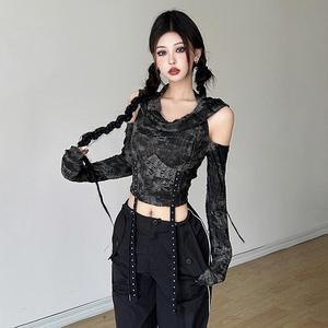 2025 verano <span class=keywords><strong>manga</strong></span> <span class=keywords><strong>larga</strong></span> con capucha camisetas fuera del hombro Sexy Harajuku camisetas mujeres Y2k moda estética Streetwear cinturón Crop Top - Product Image 1