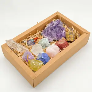 11PCS Rough Gemstones Raw Healing Stones Clear Crystal Point Set Para Yoga Meditação Ametista Geode 7 Chakra Pedras Coleção