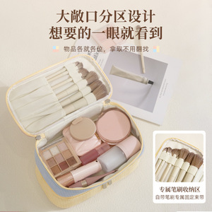 Bolsa de Cosméticos Estilo Coreano, de Pana, con Cierre, Portátil, para Viaje, Estuche de Almacenamiento de Maquillaje, Color Rosa Beige Sólido con Contraste - Product Image 1
