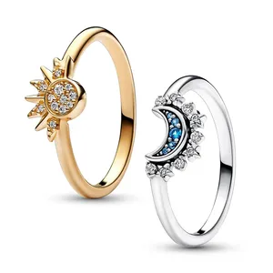 Summer Celestial Blue Sparkling Moon And Sun Ring For Women Cocktail Stackable Finger Band Fashion Silver 925 Fine Jewelry