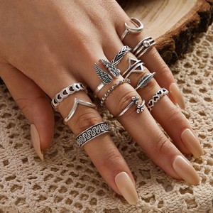 Vintage Alloy <b>Rings</b> Set 12pcs Antique Silver Plated Wings <b>Moon</b> Heart Leaf V Shape Women's Fashion Jewelry Party Accessories - Product Image 1