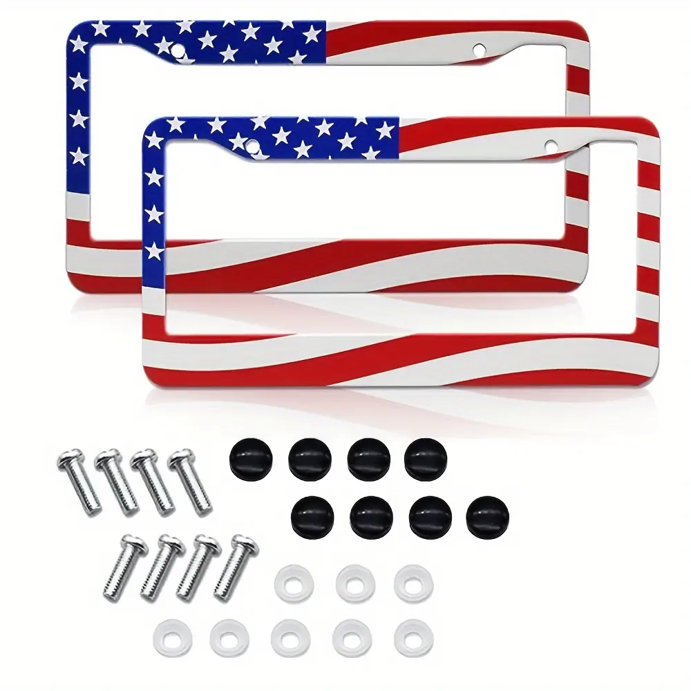 2Pcs American Flag License Plate Frame-United States Patriotic Flag Pattern Frames Covers Holders Patriotic Car Decorations