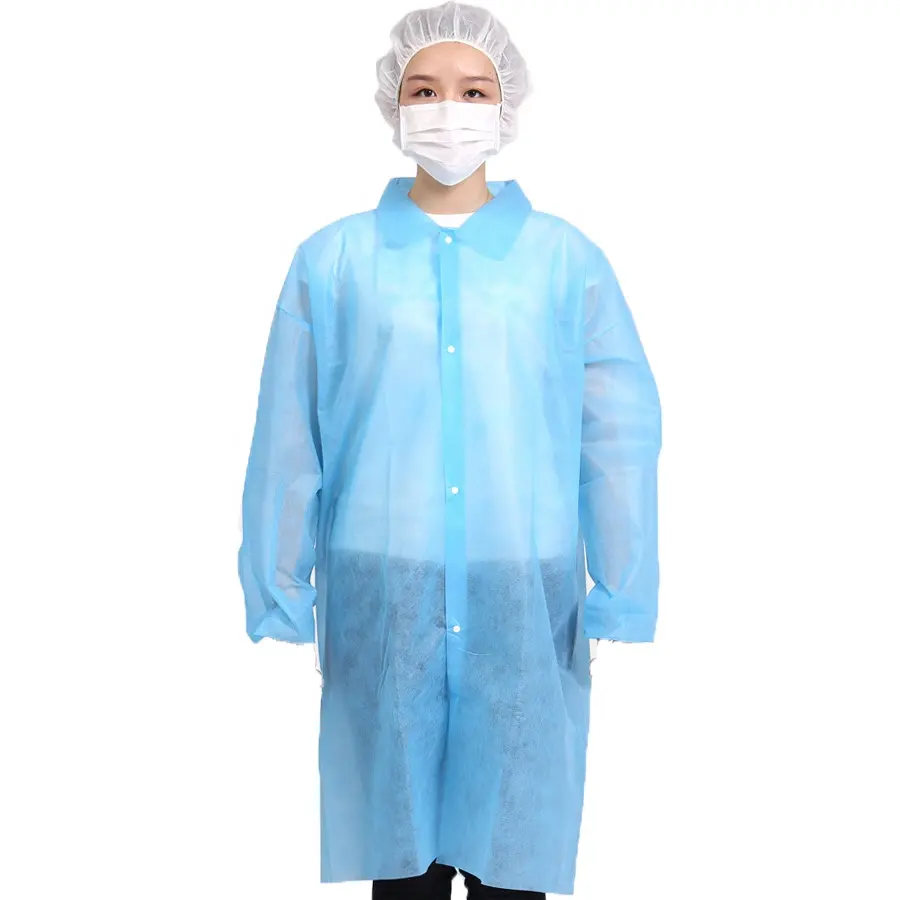 Bata de laboratorio de manga larga impermeable SMS/SPP profesional bata de paciente bata de laboratorio blanca desechable con bolsillos de cuello