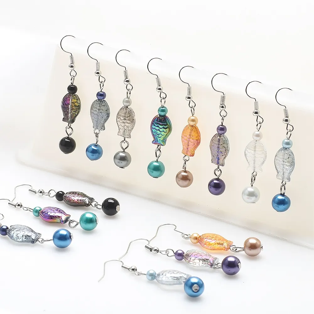 ZHB卸売ガラス新鮮な真珠クリスタル魚手作りイヤリング銀メッキ合金フック魚ガラスビーズファッションジュエリー