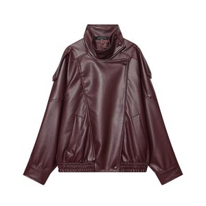 Veste en similicuir pour <span class=keywords><strong>femme</strong></span>, col montant, style motard, pour l'automne, noire, simple, élégante et polyvalente - Product Image 2